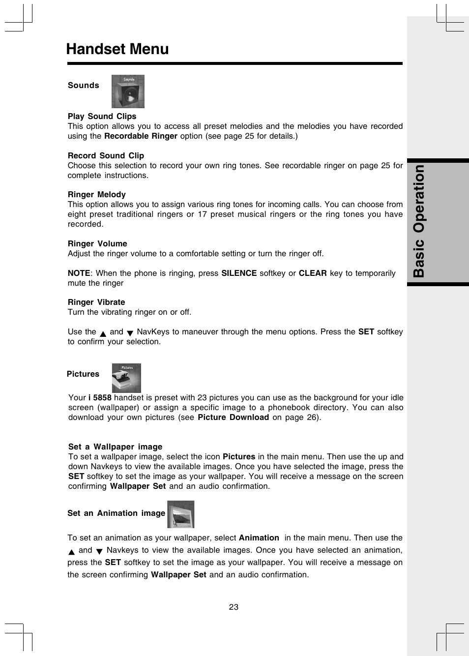 Sounds, Play sound clips, Record sound clip | Ringer melody, Ringer volume, Ringer vibrate, Pictures, Set a wallpaper image, Set an animation image, Handset menu | VTech I 5858 User Manual | Page 25 / 60
