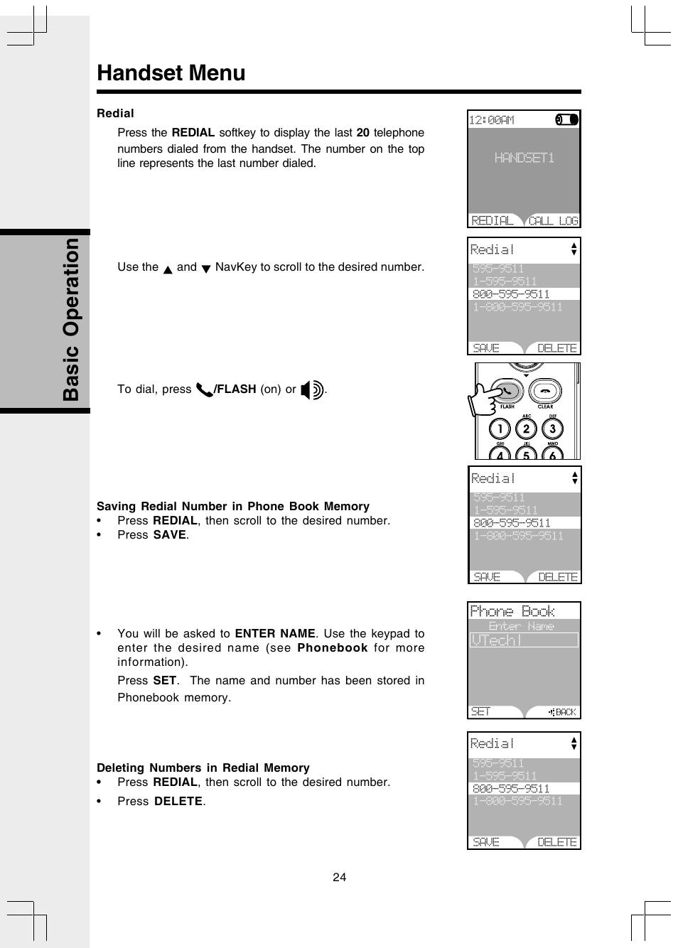 Redial, Saving redial number in phone book memory, Deleting numbers in redial memory | Handset menu, Basic operation | VTech I 5858 User Manual | Page 26 / 60