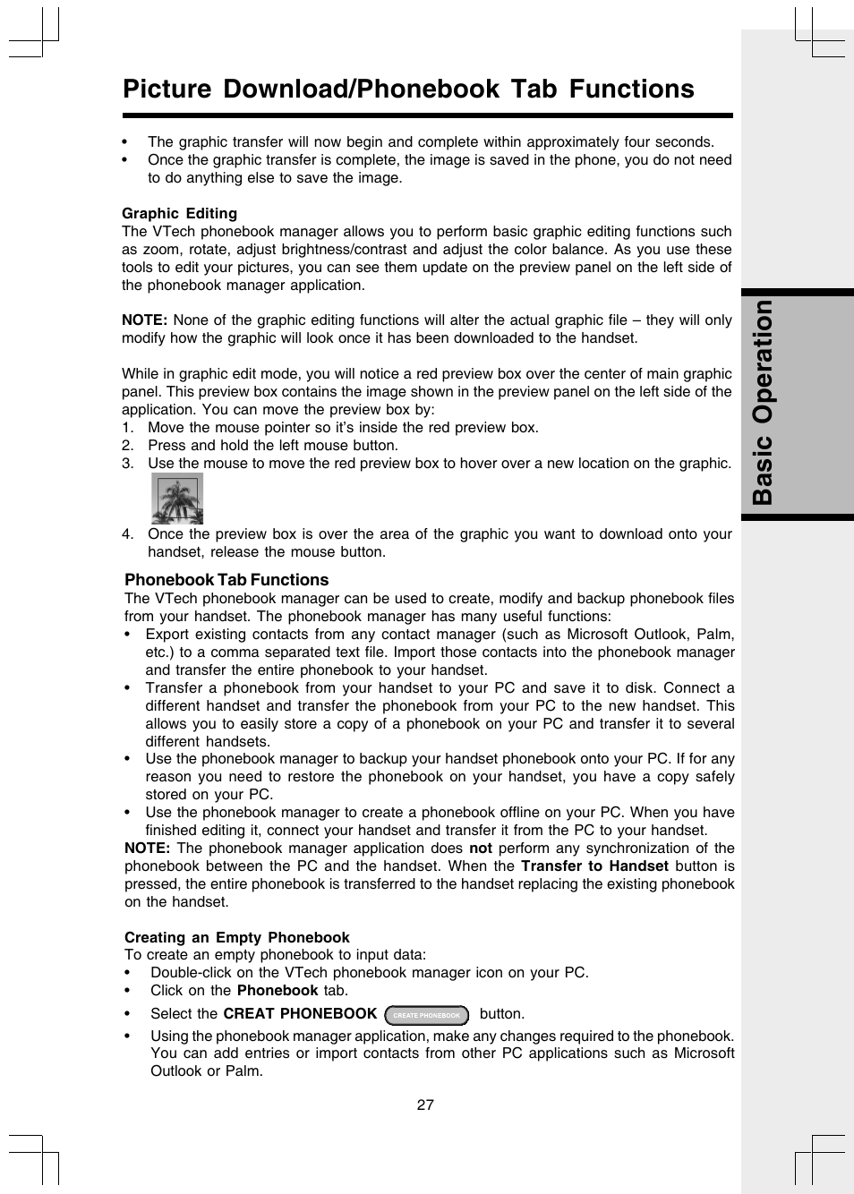 Graphic editing, Phonebook tab functions, Creating an empty phonebook | VTech I 5858 User Manual | Page 29 / 60