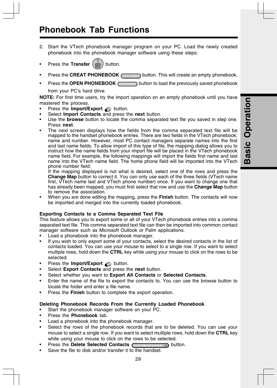 Phonebook tab functions, Exporting contacts to a comma separated text file, Basic operation | VTech I 5858 User Manual | Page 31 / 60