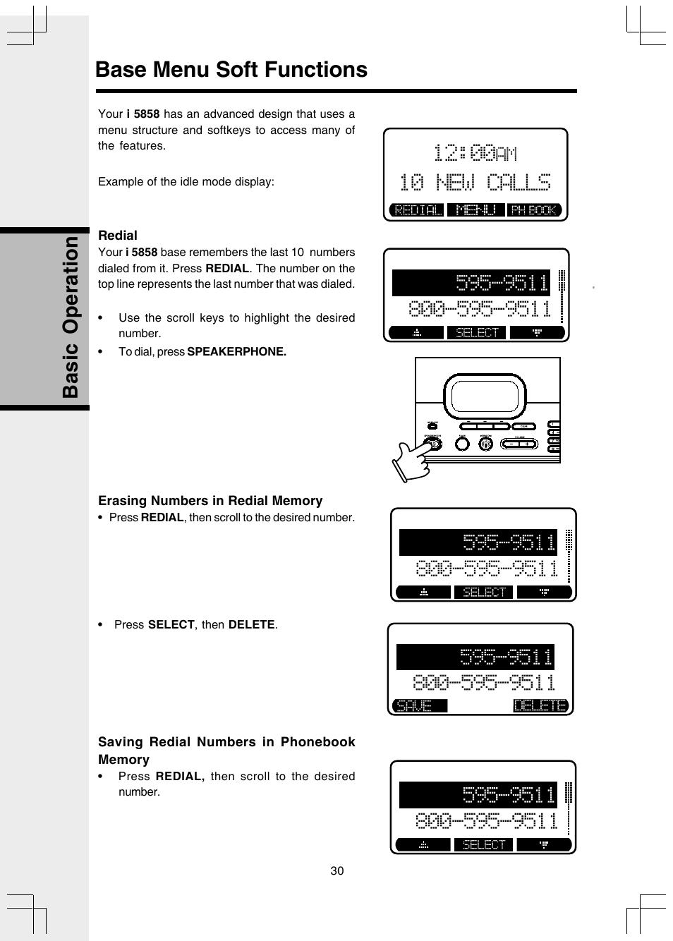 Base menu soft functions, Redial, Saving redial numbers in phonebook | Erasing numbers in redial memory, Basic operation, 10 new calls | VTech I 5858 User Manual | Page 32 / 60