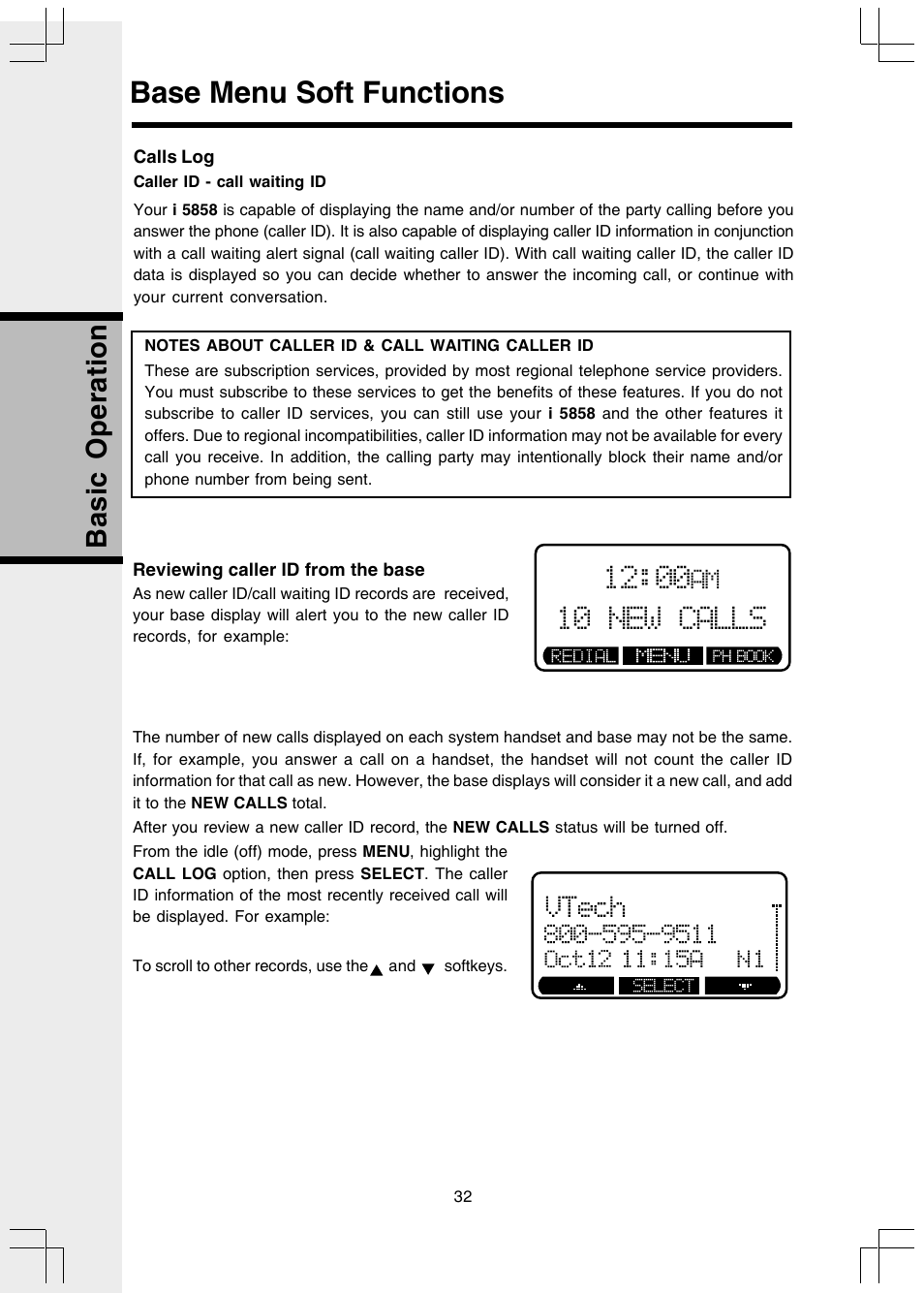 Calls log, Caller id - call waiting id, Reviewing caller id from the base | Base menu soft functions, Basic operation, 10 new calls | VTech I 5858 User Manual | Page 34 / 60