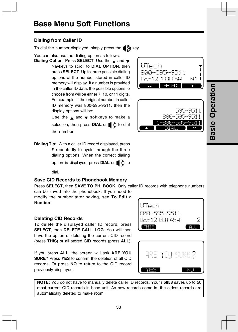 Dialing from caller id, Save cid records to phonebook memory, Deleting cid records | Base menu soft functions, Basic operation | VTech I 5858 User Manual | Page 35 / 60
