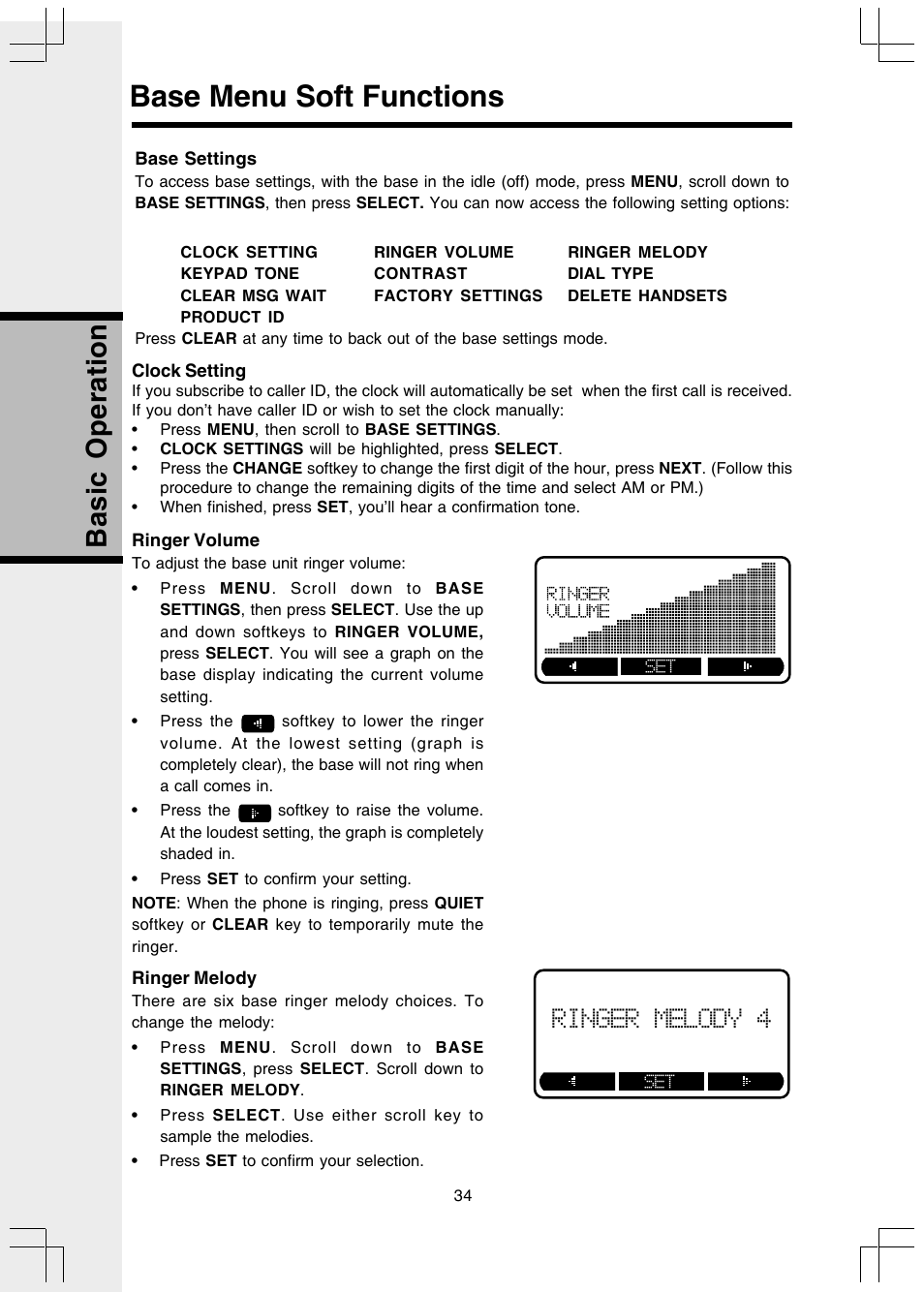 Base settings, Clock setting, Ringer volume | Ringer melody, Base menu soft functions, Basic operation, Ringer melody 4 | VTech I 5858 User Manual | Page 36 / 60