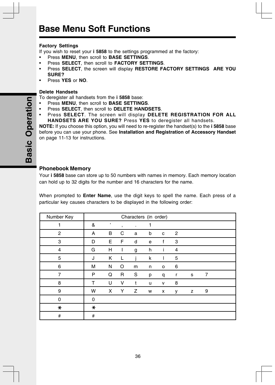 Factory settings, Delete handsets, Phonebook memory | Base menu soft functions, Basic operation | VTech I 5858 User Manual | Page 38 / 60