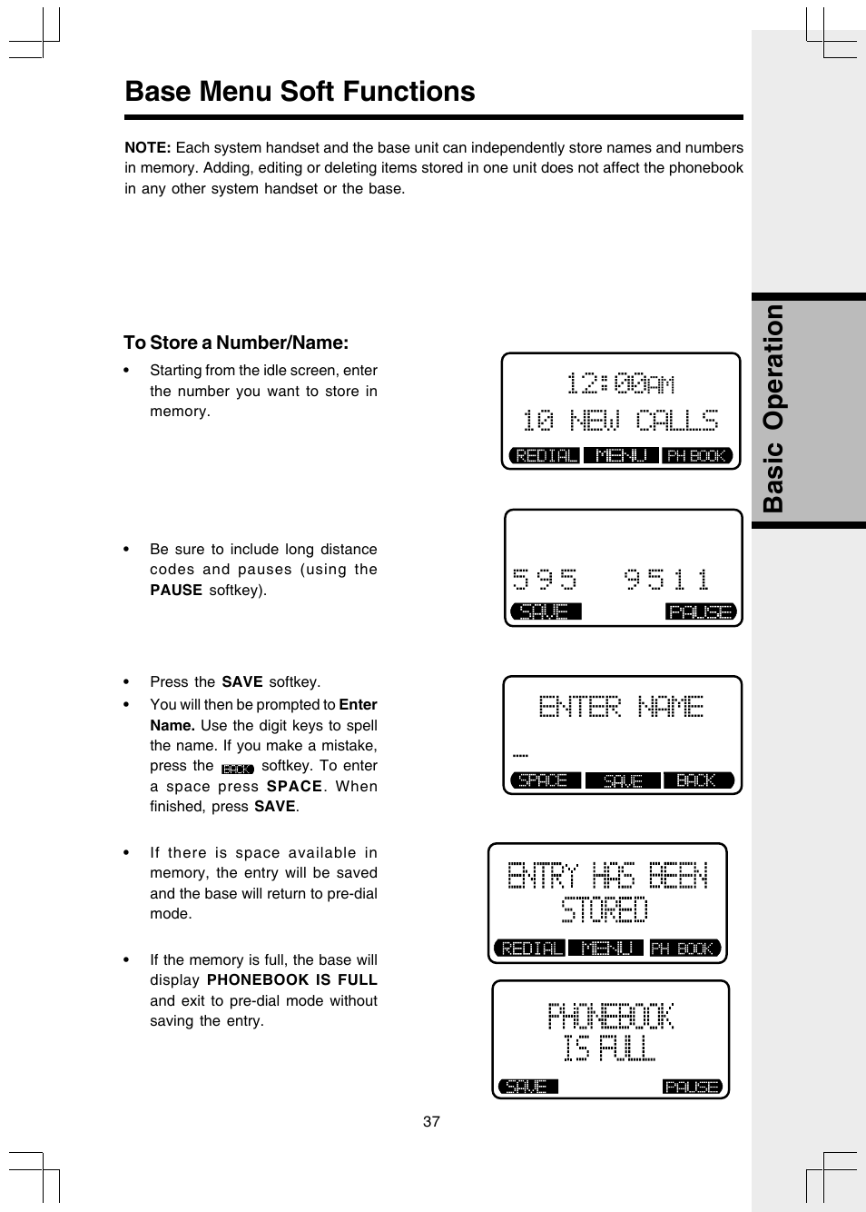 To store a number/name, Base menu soft functions, Basic operation | 10 new calls, Enter name | VTech I 5858 User Manual | Page 39 / 60