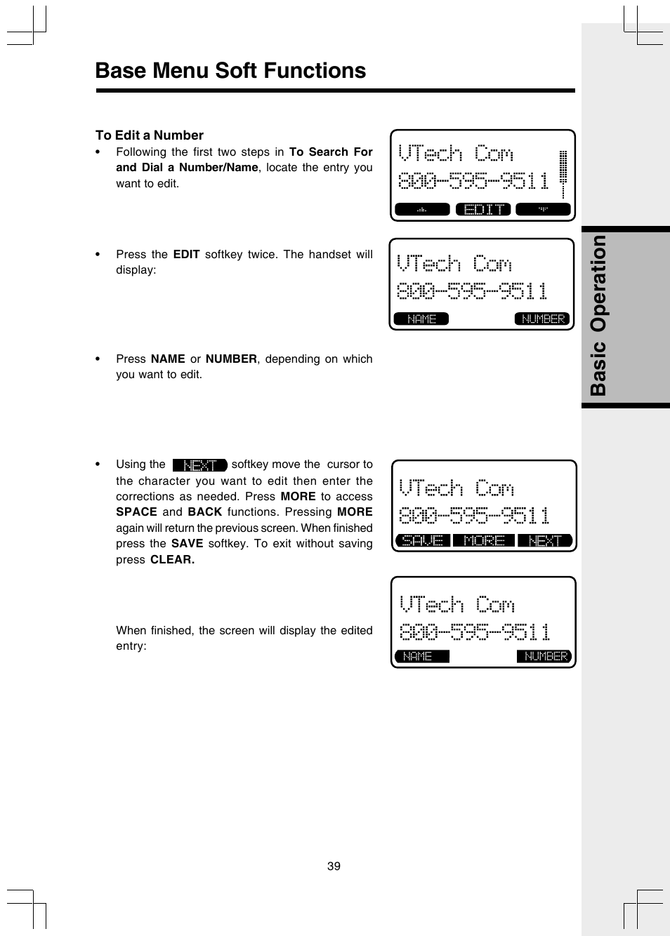 To edit a number, Base menu soft functions, Basic operation | VTech I 5858 User Manual | Page 41 / 60