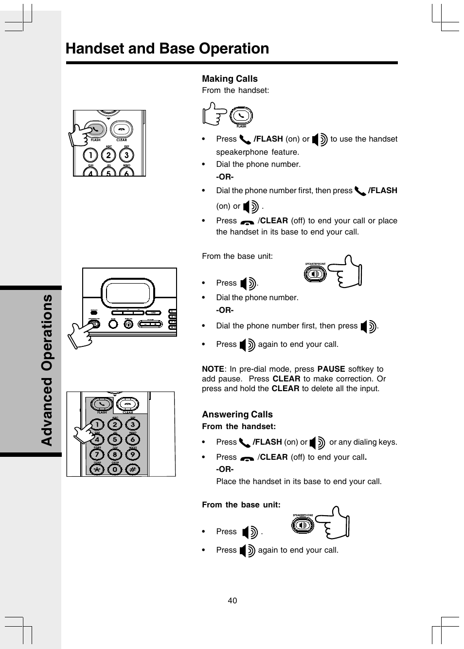 Handset and base operation, Making calls, Answering calls | Advanced operations | VTech I 5858 User Manual | Page 42 / 60
