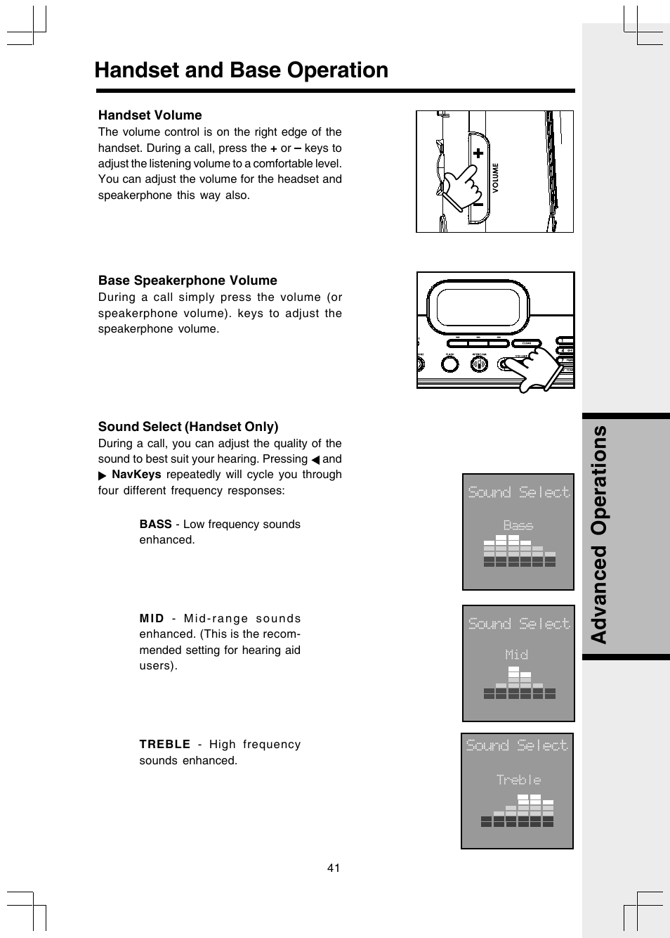 Handset volume, Base speakerphone volume, Sound select (handset only) | Handset and base operation, Advanced operations | VTech I 5858 User Manual | Page 43 / 60