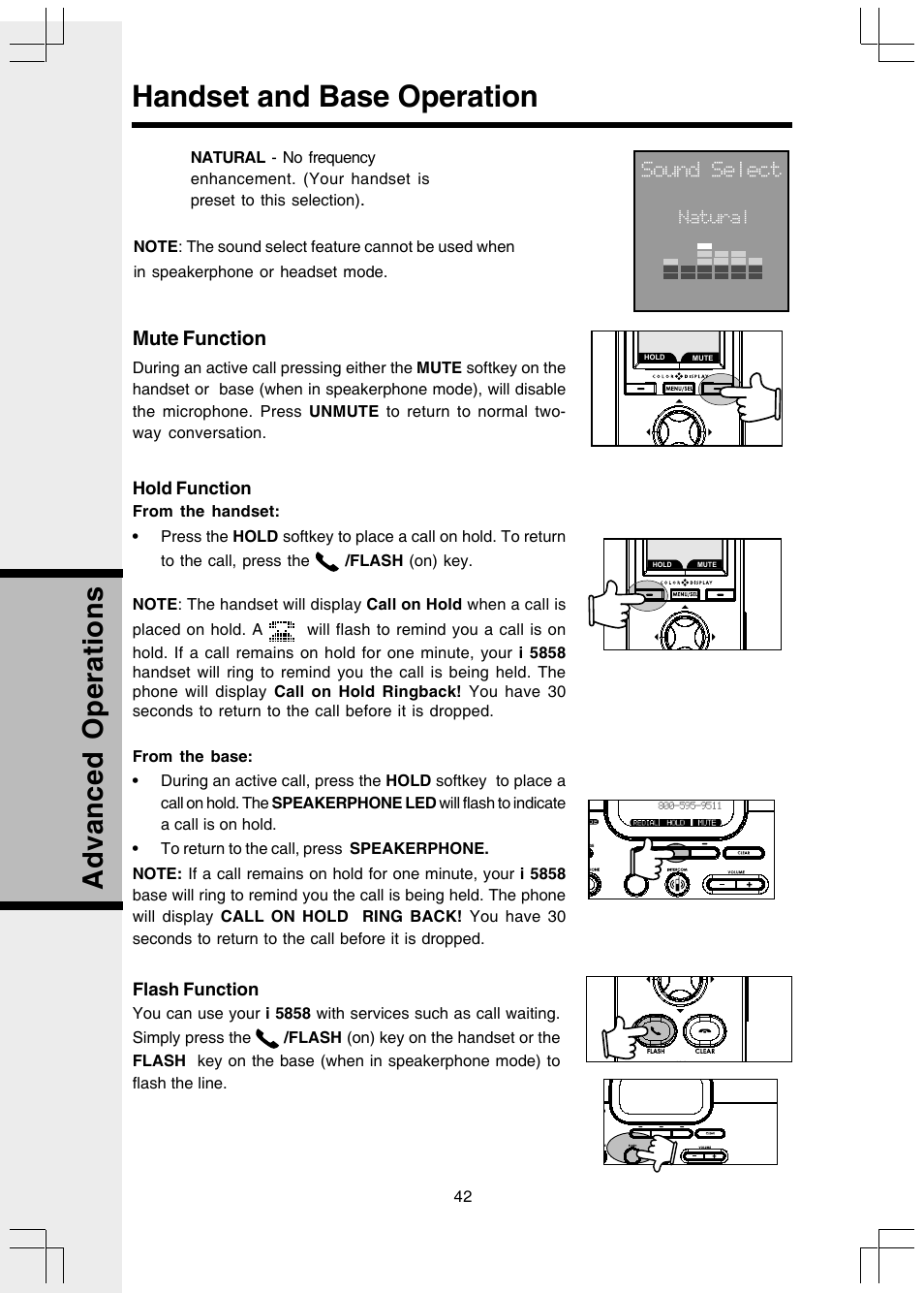 Mute function, Hold function, Flash function | Handset and base operation, Advanced operations | VTech I 5858 User Manual | Page 44 / 60