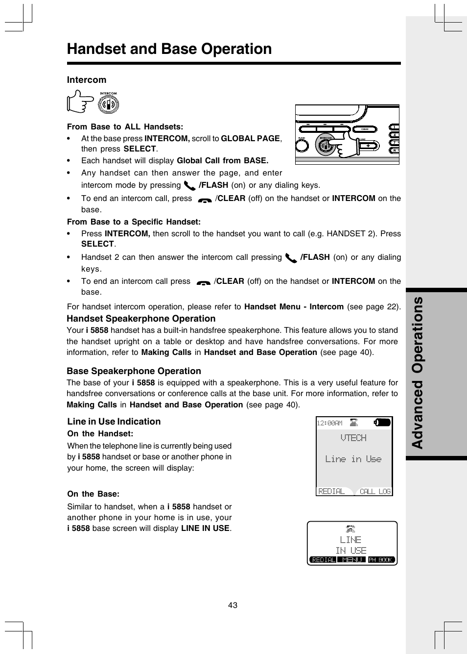 Intercom, From base to all handsets, From base to a specific handset | Handset speakerphone operation, Base speakerphone operation, Line in use indication, Handset and base operation, Advanced operations | VTech I 5858 User Manual | Page 45 / 60