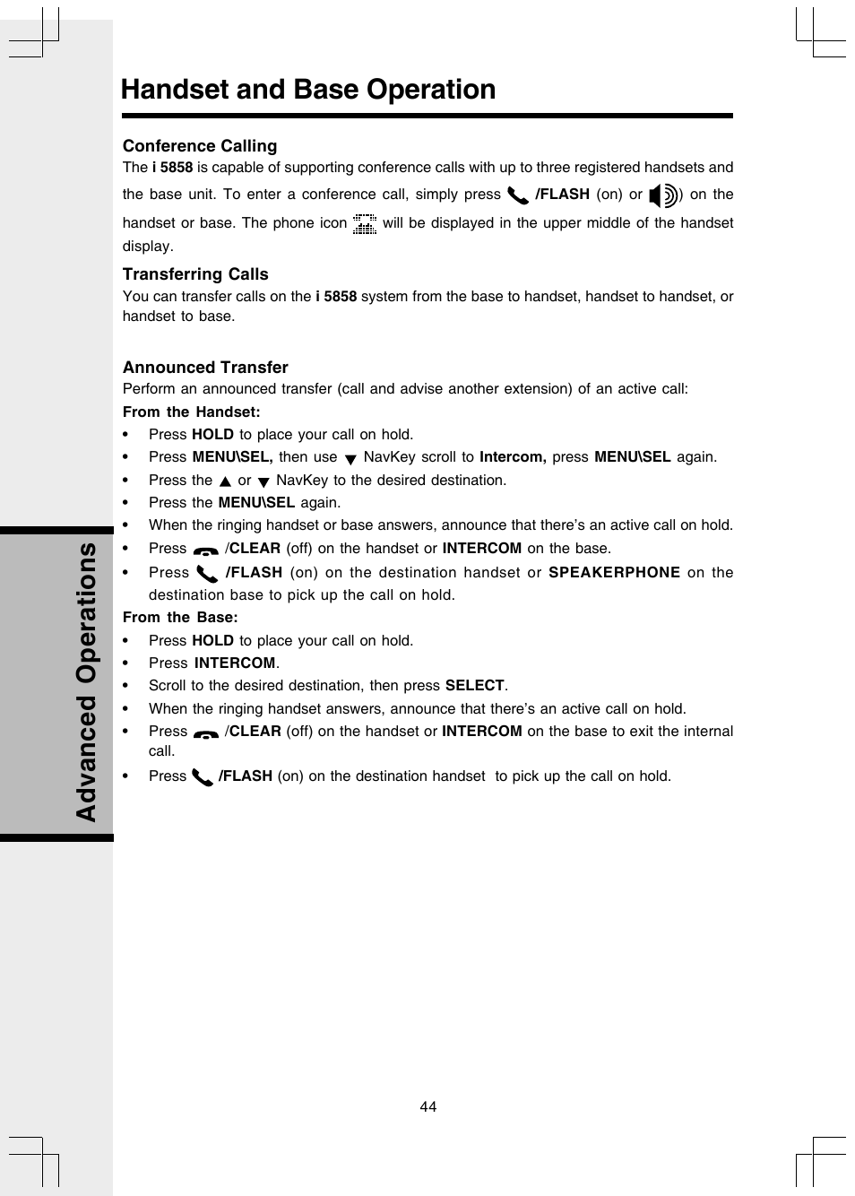 Conference calling, Transferring calls, Announced transfer | Handset and base operation, Advanced operations | VTech I 5858 User Manual | Page 46 / 60