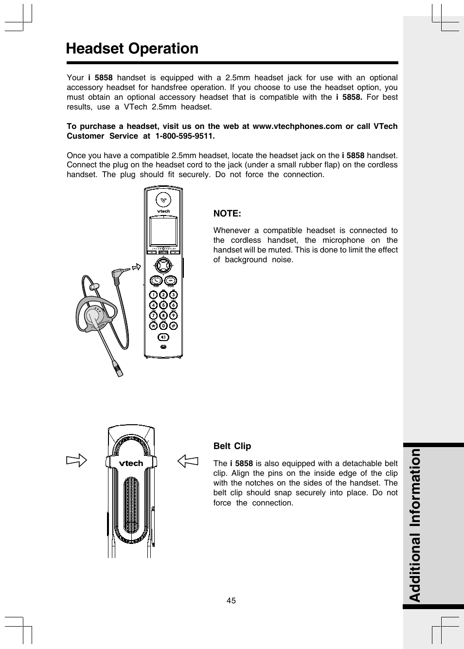 Headset operation, Belt clip, Additional information | VTech I 5858 User Manual | Page 47 / 60