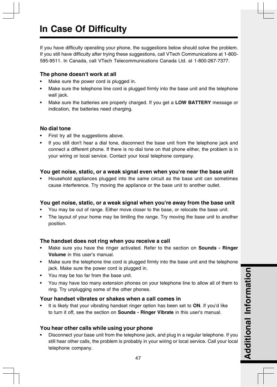 In case of difficulty, Additional information | VTech I 5858 User Manual | Page 49 / 60