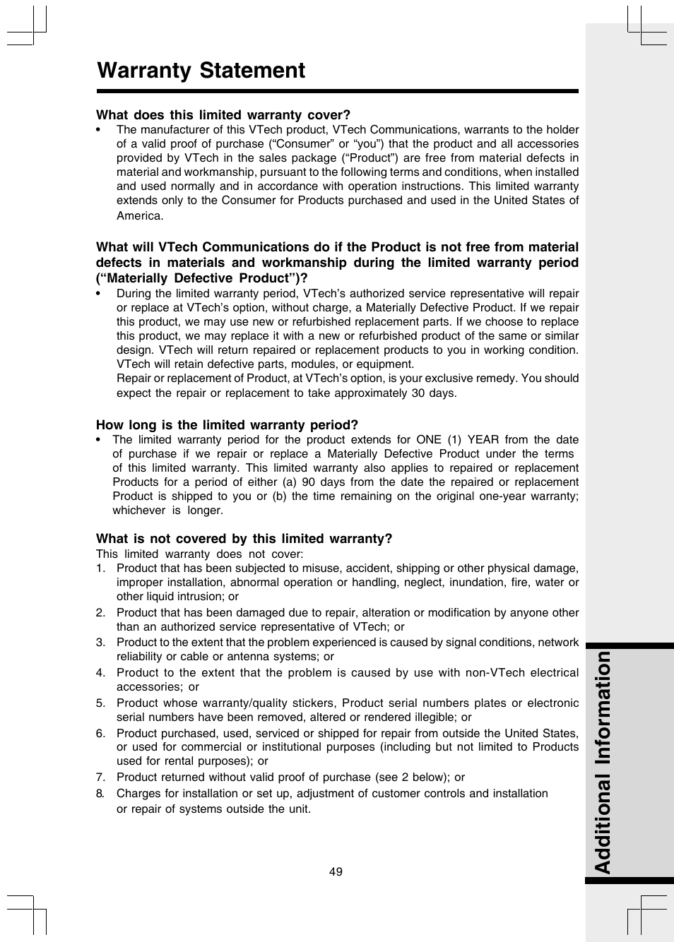 Warranty statement, Additional information | VTech I 5858 User Manual | Page 51 / 60