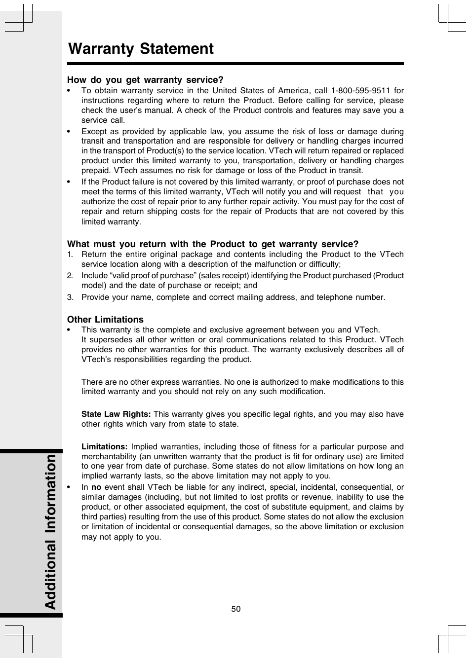 Warranty statement, Additional information | VTech I 5858 User Manual | Page 52 / 60