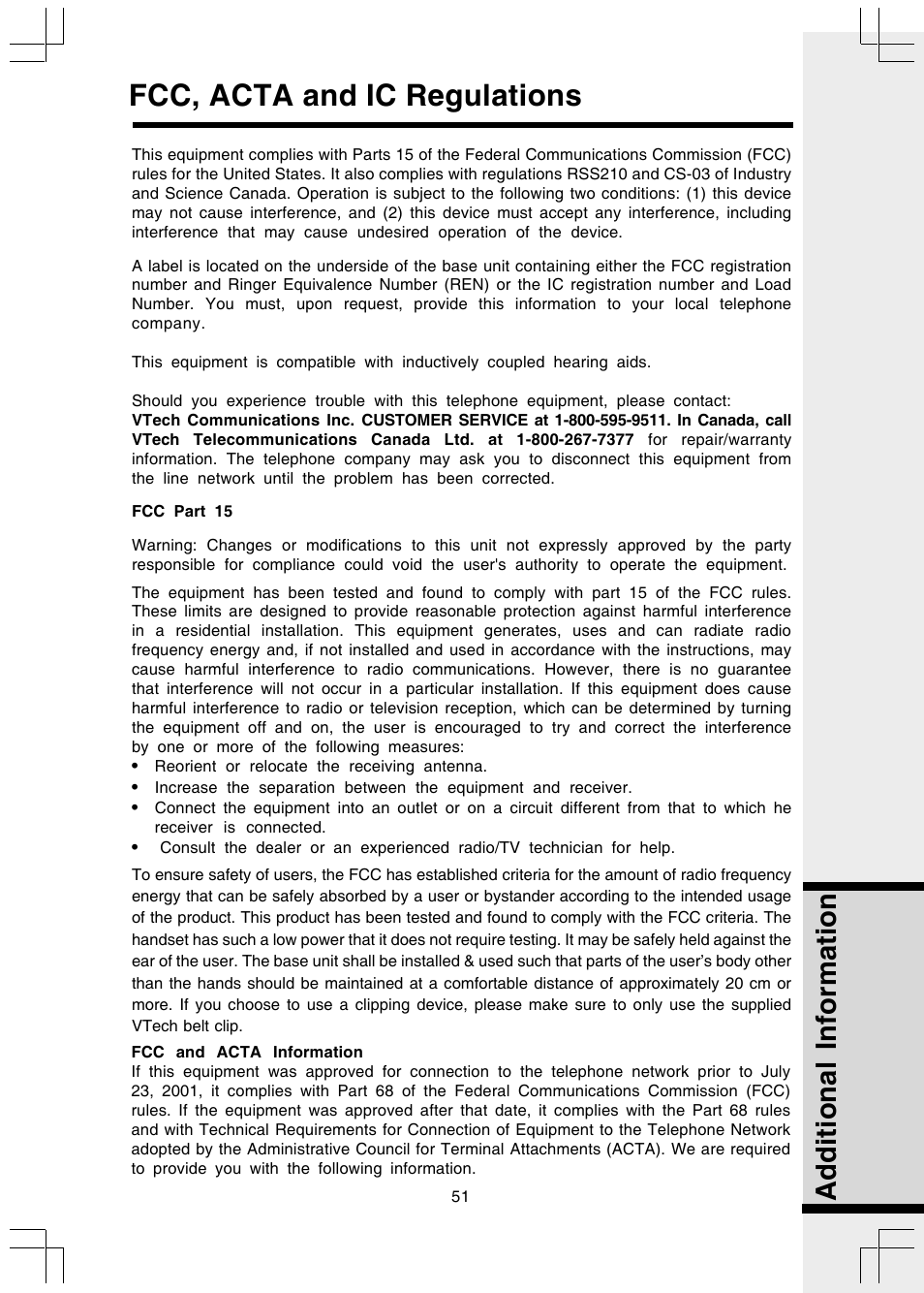 Fcc, acta and ic regulations, Additional information | VTech I 5858 User Manual | Page 53 / 60