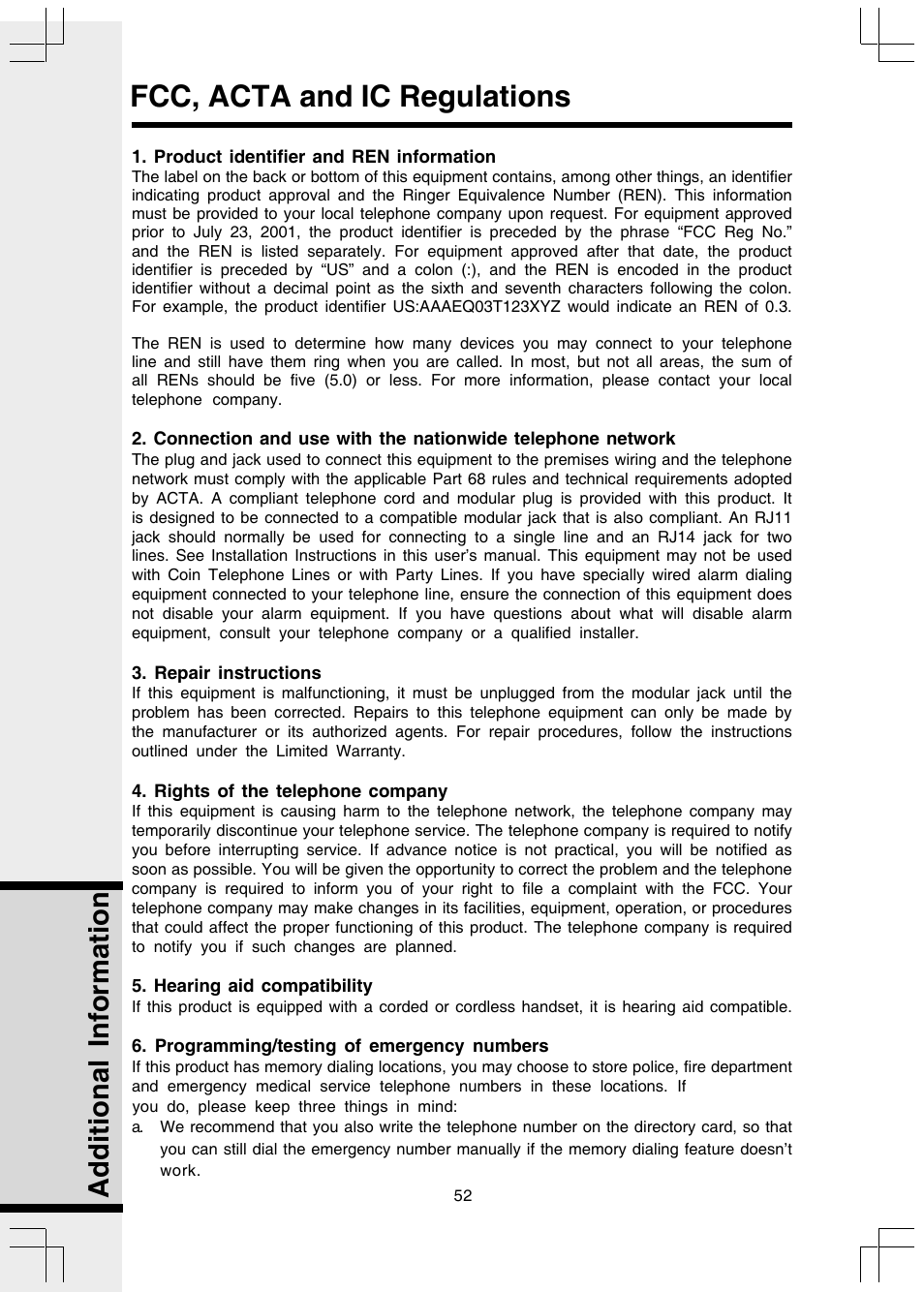 Fcc, acta and ic regulations, Additional information | VTech I 5858 User Manual | Page 54 / 60