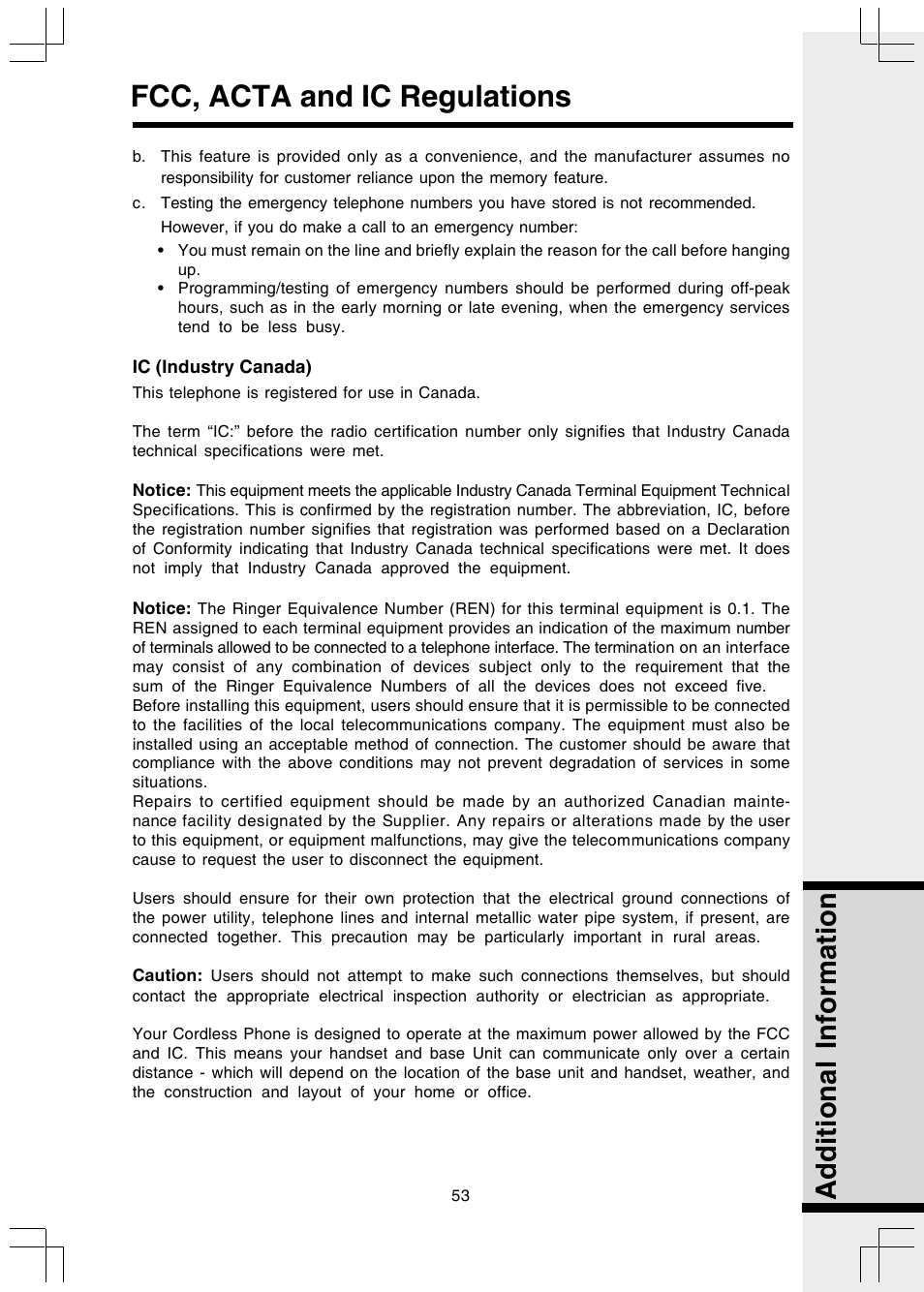 Fcc, acta and ic regulations, Additional information | VTech I 5858 User Manual | Page 55 / 60