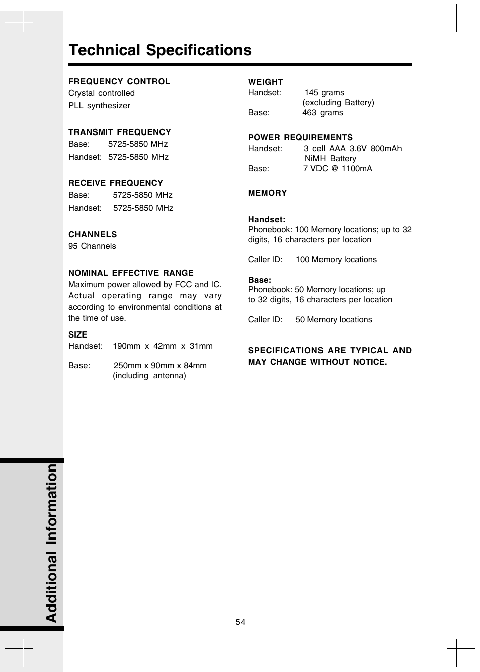 Technical specifications, Additional information | VTech I 5858 User Manual | Page 56 / 60