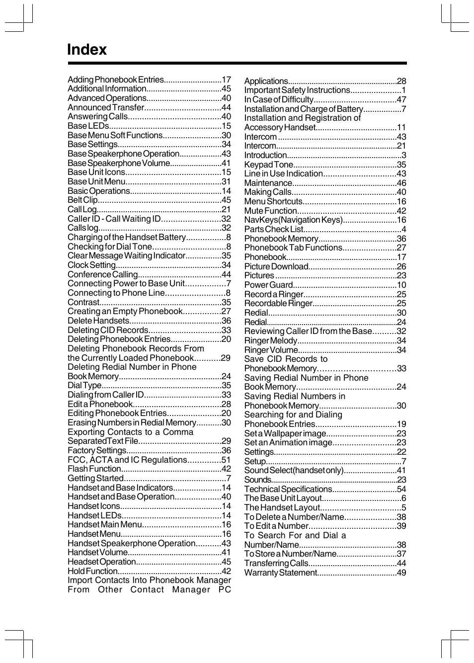 Index | VTech I 5858 User Manual | Page 59 / 60