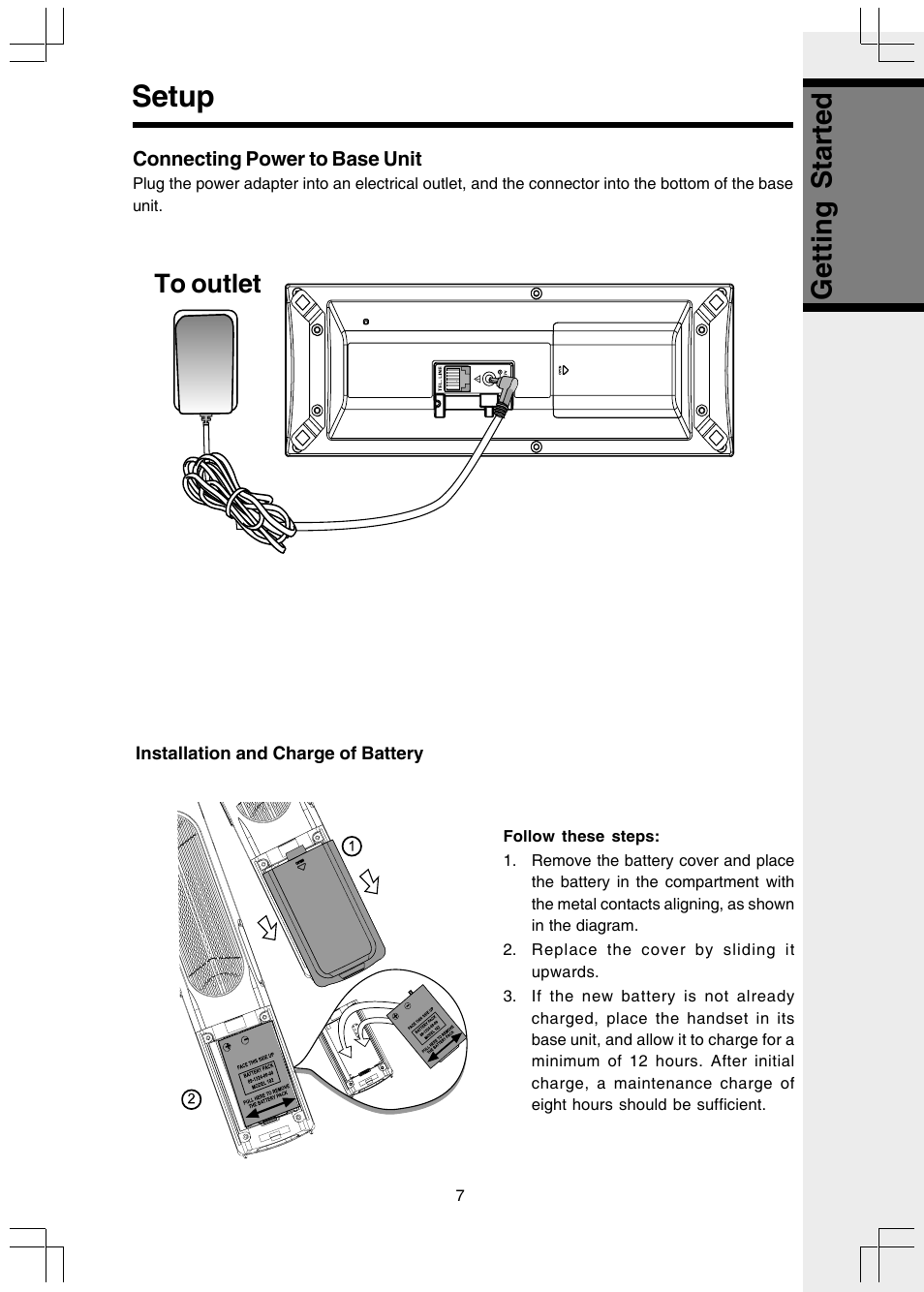 Setup, Connecting power to base unit, Installation and charge of battery | Getting started | VTech I 5858 User Manual | Page 9 / 60
