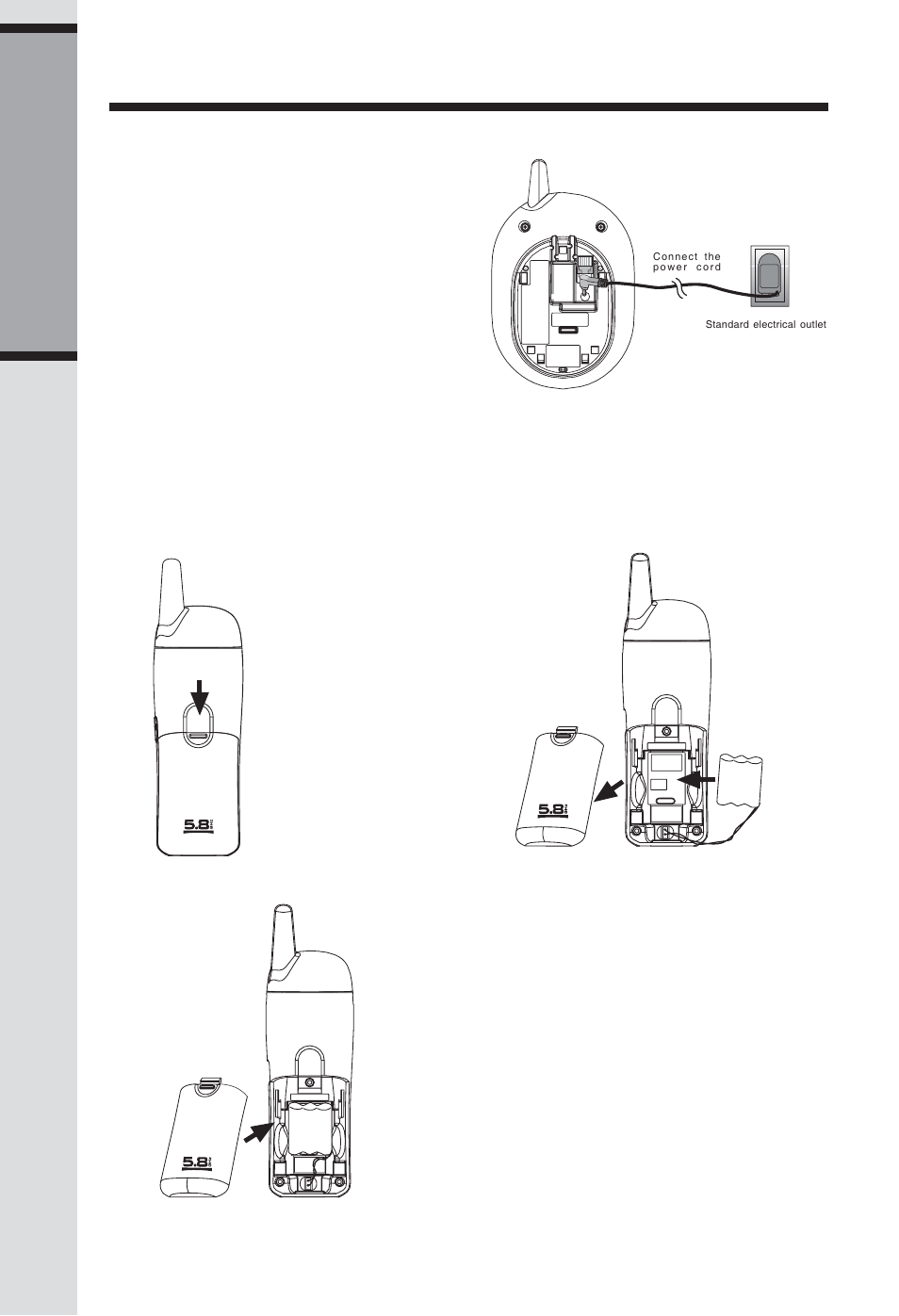 Setup, Connecting power to base unit, Installation and charge of battery | Getting star ted setup | VTech ia5829 User Manual | Page 9 / 55