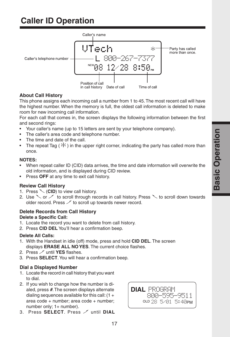 Caller id operation, Basic operation, Dial | VTech gz2334 User Manual | Page 18 / 35