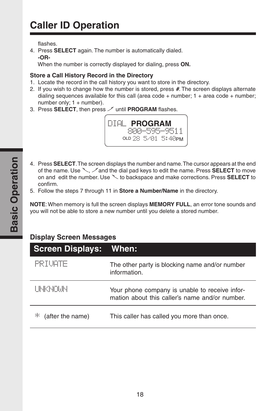 Basic operation, Caller id operation, Screen displays: when | Program, Display screen messages | VTech gz2334 User Manual | Page 19 / 35