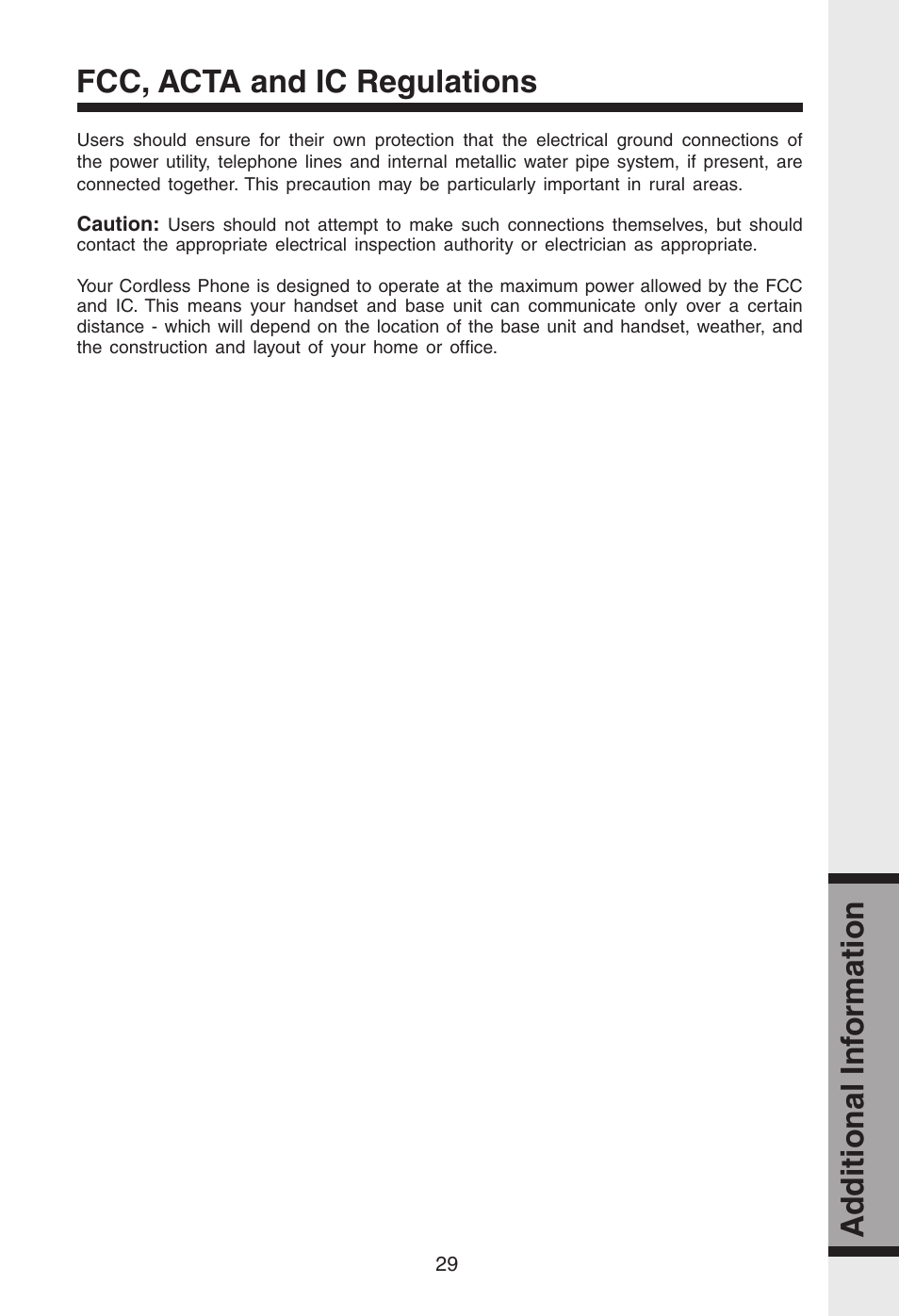 Ad ditional inf ormation ad ditional inf ormation, Fcc, acta and ic regulations | VTech gz2334 User Manual | Page 30 / 35