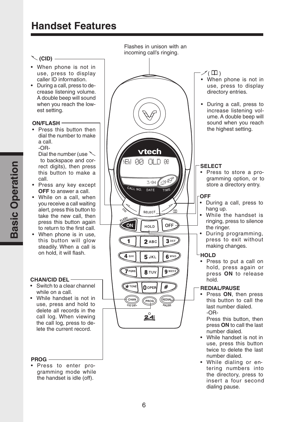 Handset features, Basic operation | VTech gz2334 User Manual | Page 7 / 35