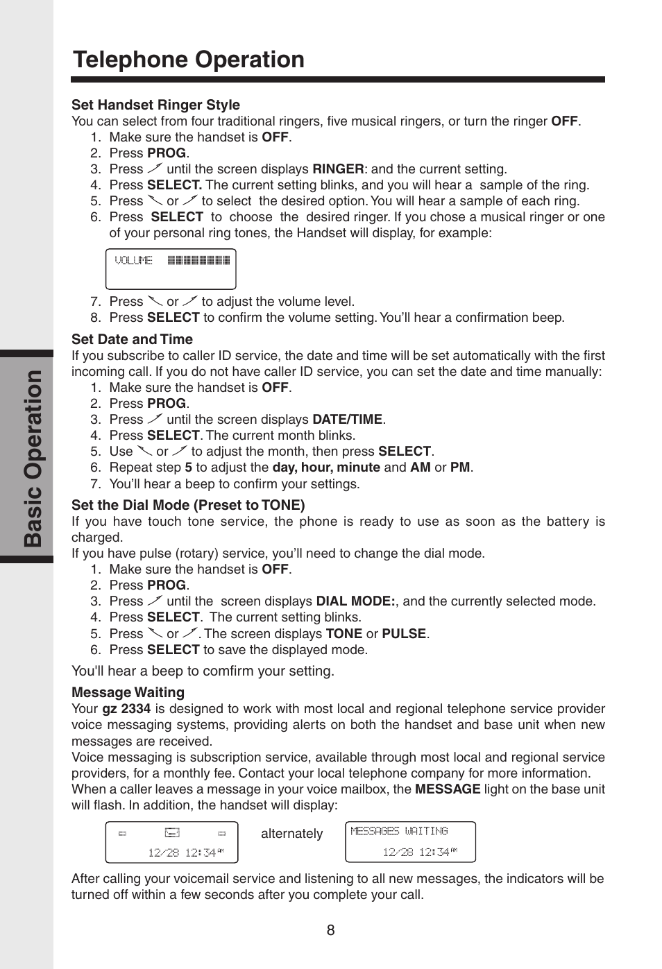 Telephone operation, Basic operation | VTech gz2334 User Manual | Page 9 / 35