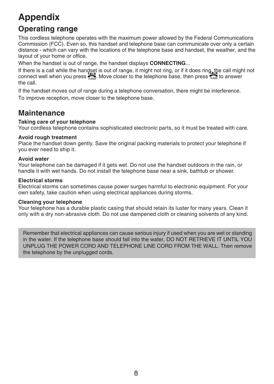 Appendix, Operating range, Maintenance | VTech LS6205 User Manual | Page 11 / 18