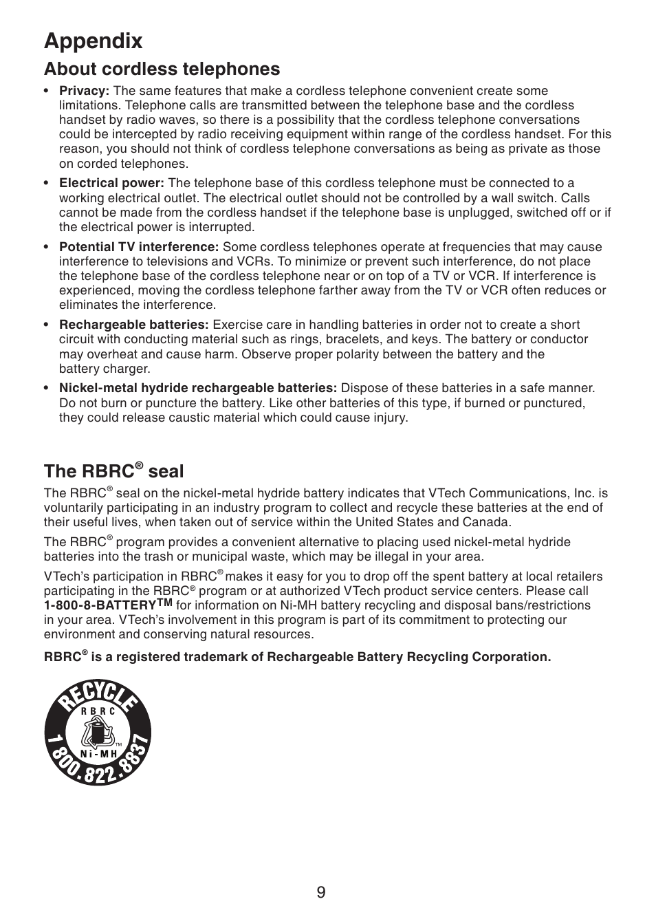 Appendix, About cordless telephones, The rbrc | Seal | VTech LS6205 User Manual | Page 12 / 18