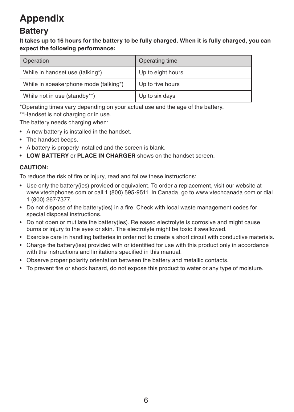 Appendix, Battery | VTech LS6205 User Manual | Page 9 / 18