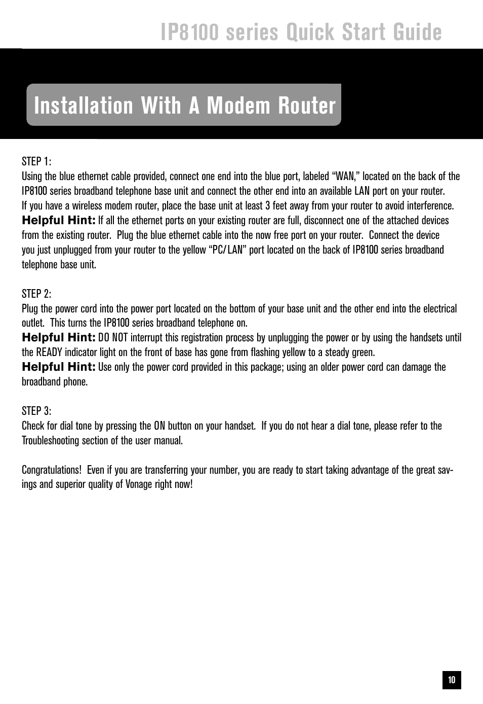 Ip8100 series quick start guide, Installation with a modem router | VTech IP8100 User Manual | Page 11 / 12