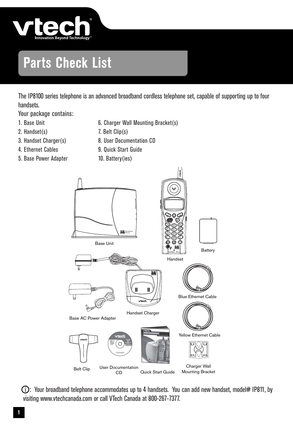 Parts check list | VTech IP8100 User Manual | Page 2 / 12