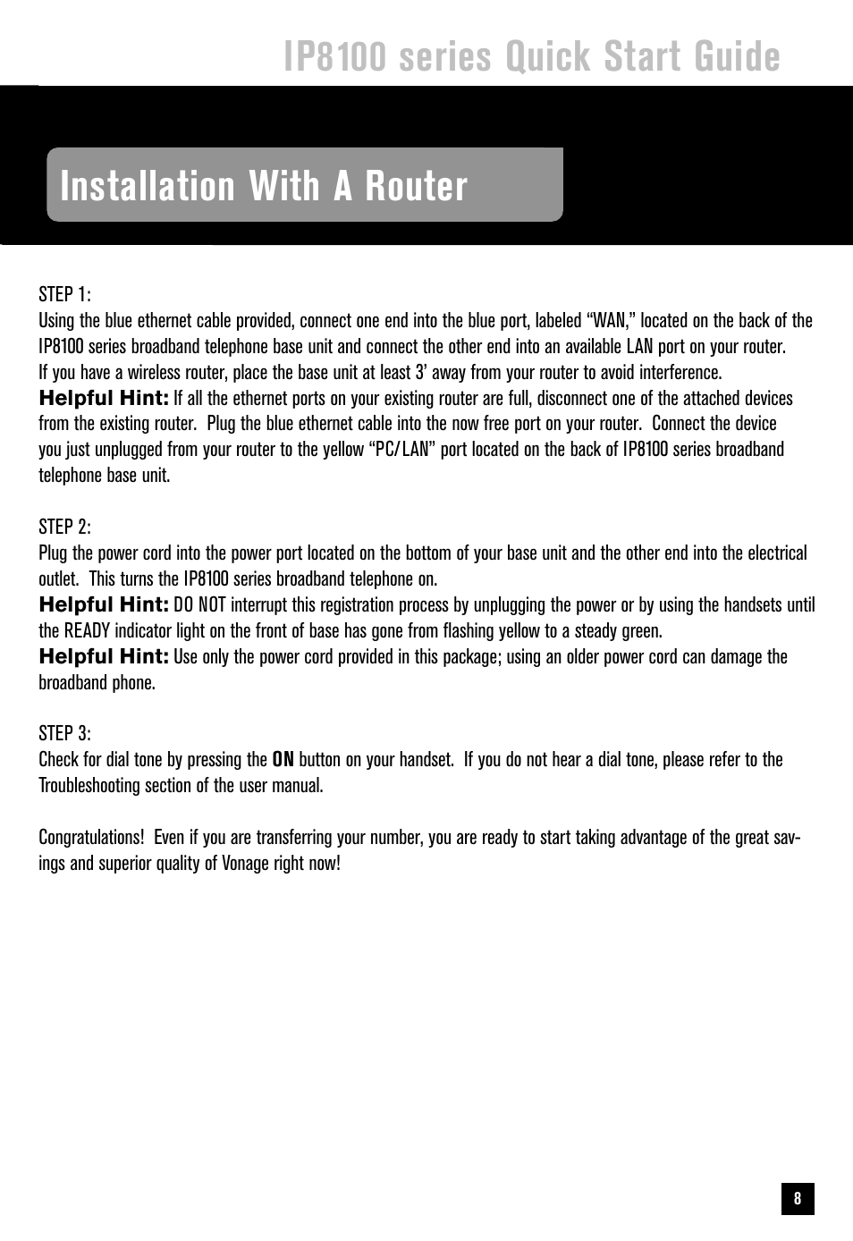 Ip8100 series quick start guide, Installation with a router | VTech IP8100 User Manual | Page 9 / 12