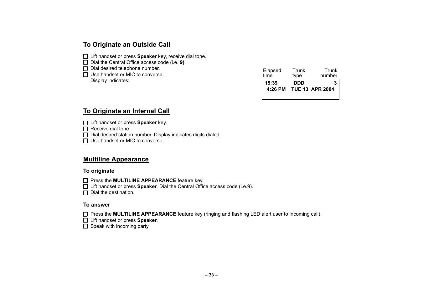 To originate an outside call, To originate an internal call, Multiline appearance | To transfer a call | VTech NEAX 2400 IPX User Manual | Page 37 / 80