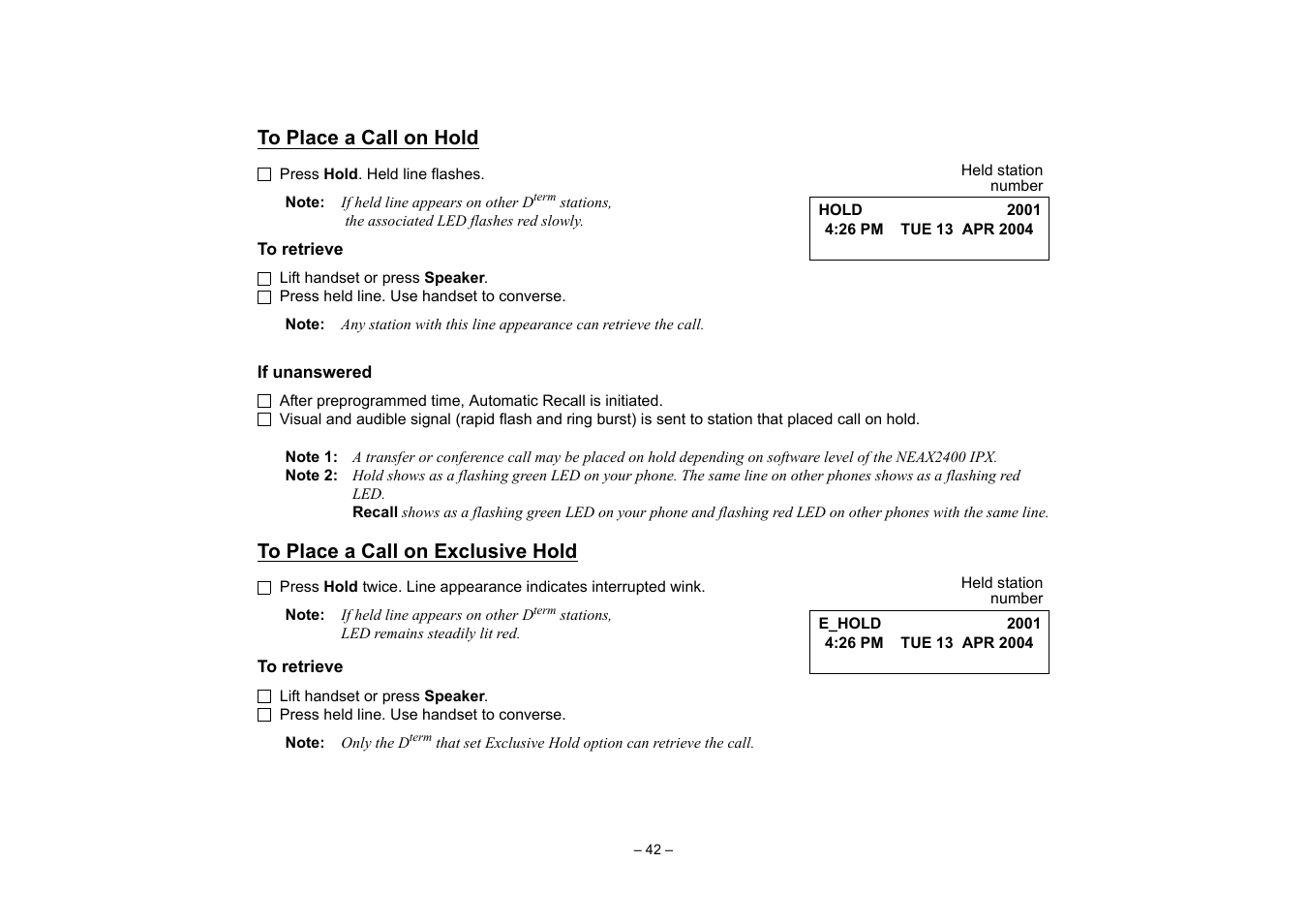 To place a call on hold, To place a call on exclusive hold, Speed calling – system | VTech NEAX 2400 IPX User Manual | Page 46 / 80