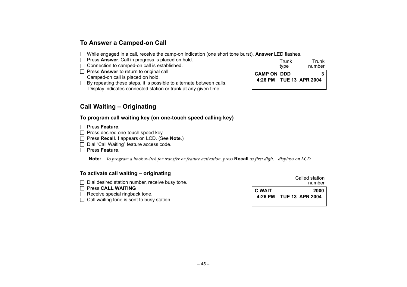 To answer a camped-on call, Call waiting – originating, Multiline appearance | To originate a call using speed calling | VTech NEAX 2400 IPX User Manual | Page 49 / 80