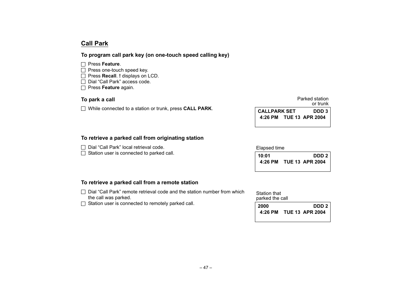 Call park, To originate an outside call | VTech NEAX 2400 IPX User Manual | Page 51 / 80