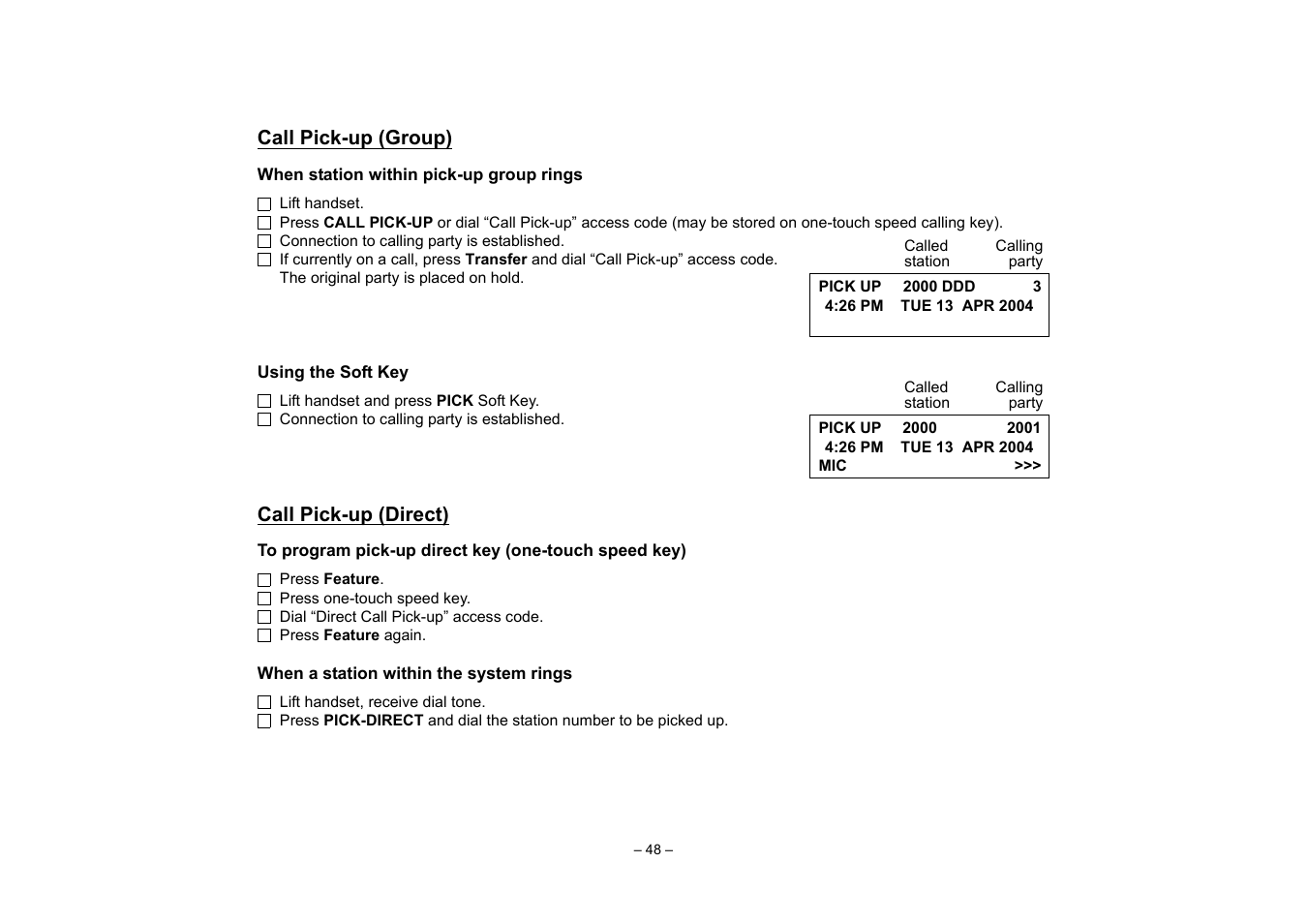 Call pick-up (group), Call pick-up (direct) | VTech NEAX 2400 IPX User Manual | Page 52 / 80