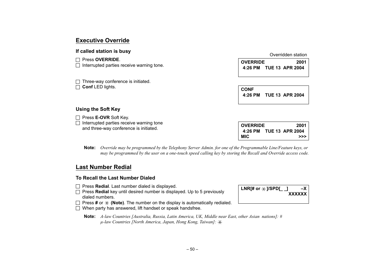 Executive override, Last number redial, Login/logout | Term | VTech NEAX 2400 IPX User Manual | Page 54 / 80