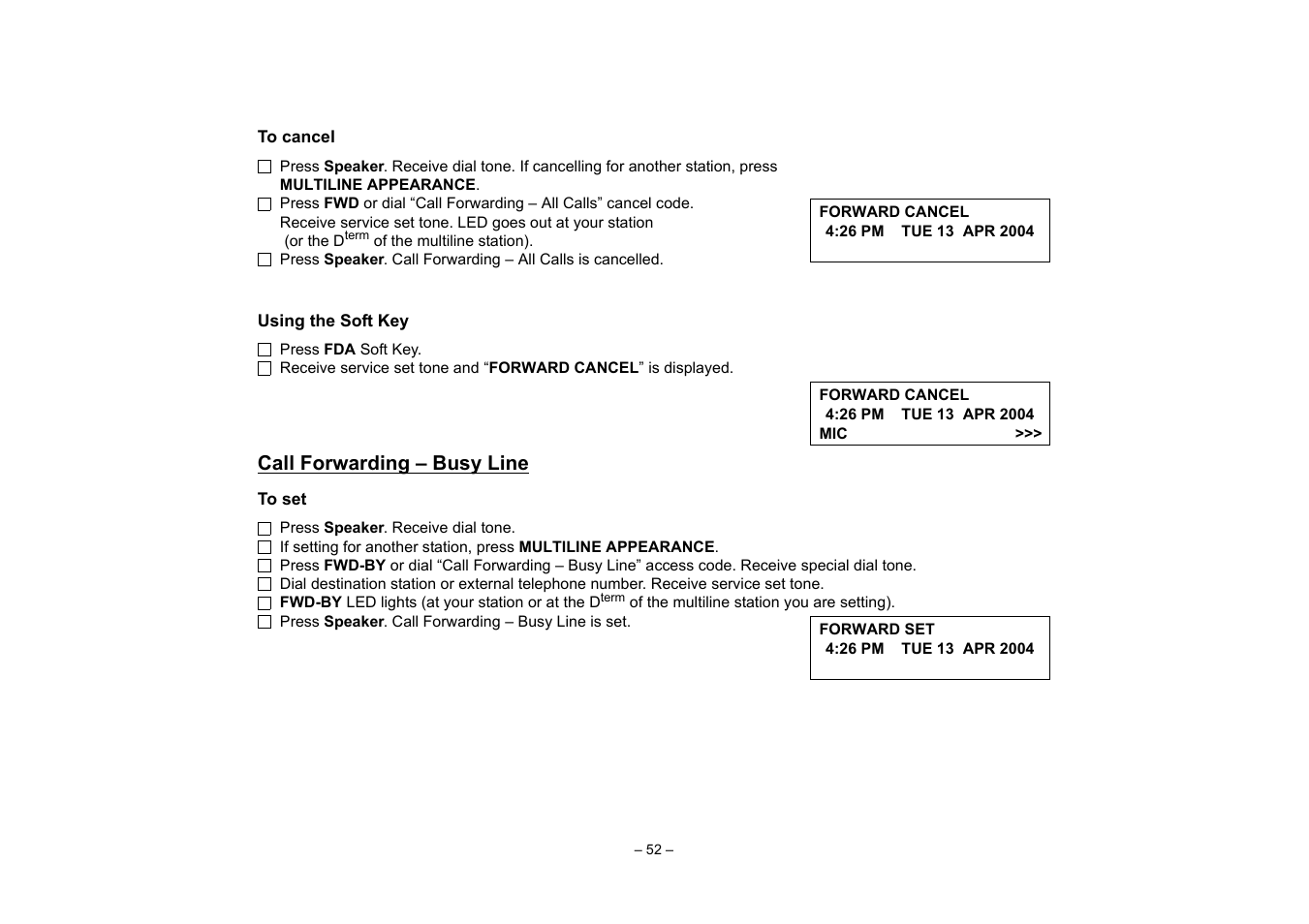 Call forwarding – busy line, Terminal setup with the feature key | VTech NEAX 2400 IPX User Manual | Page 56 / 80