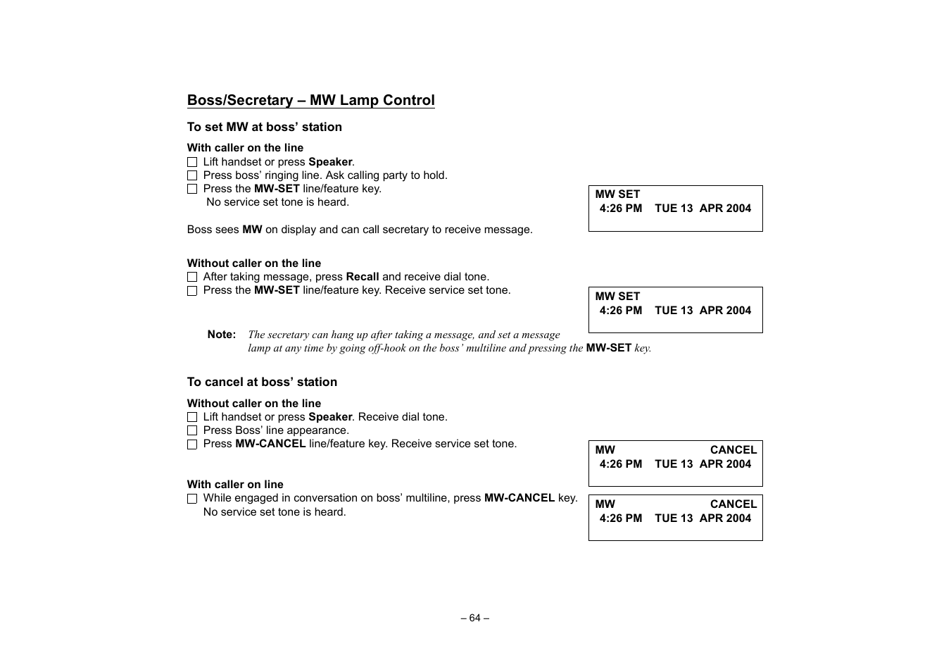 Boss/secretary – mw lamp control | VTech NEAX 2400 IPX User Manual | Page 68 / 80