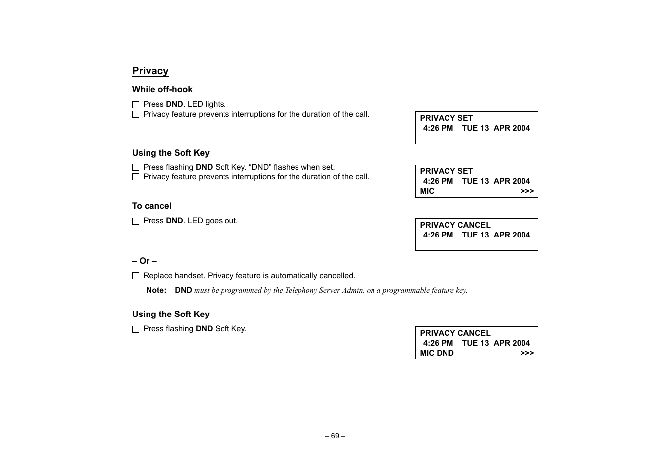 Privacy | VTech NEAX 2400 IPX User Manual | Page 73 / 80