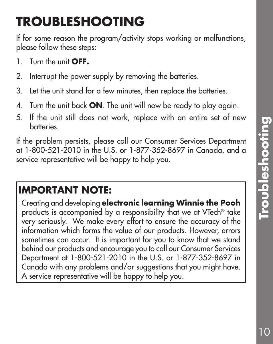 Tr oubleshooting troubleshooting | VTech Winnie the Pooh User Manual | Page 11 / 12