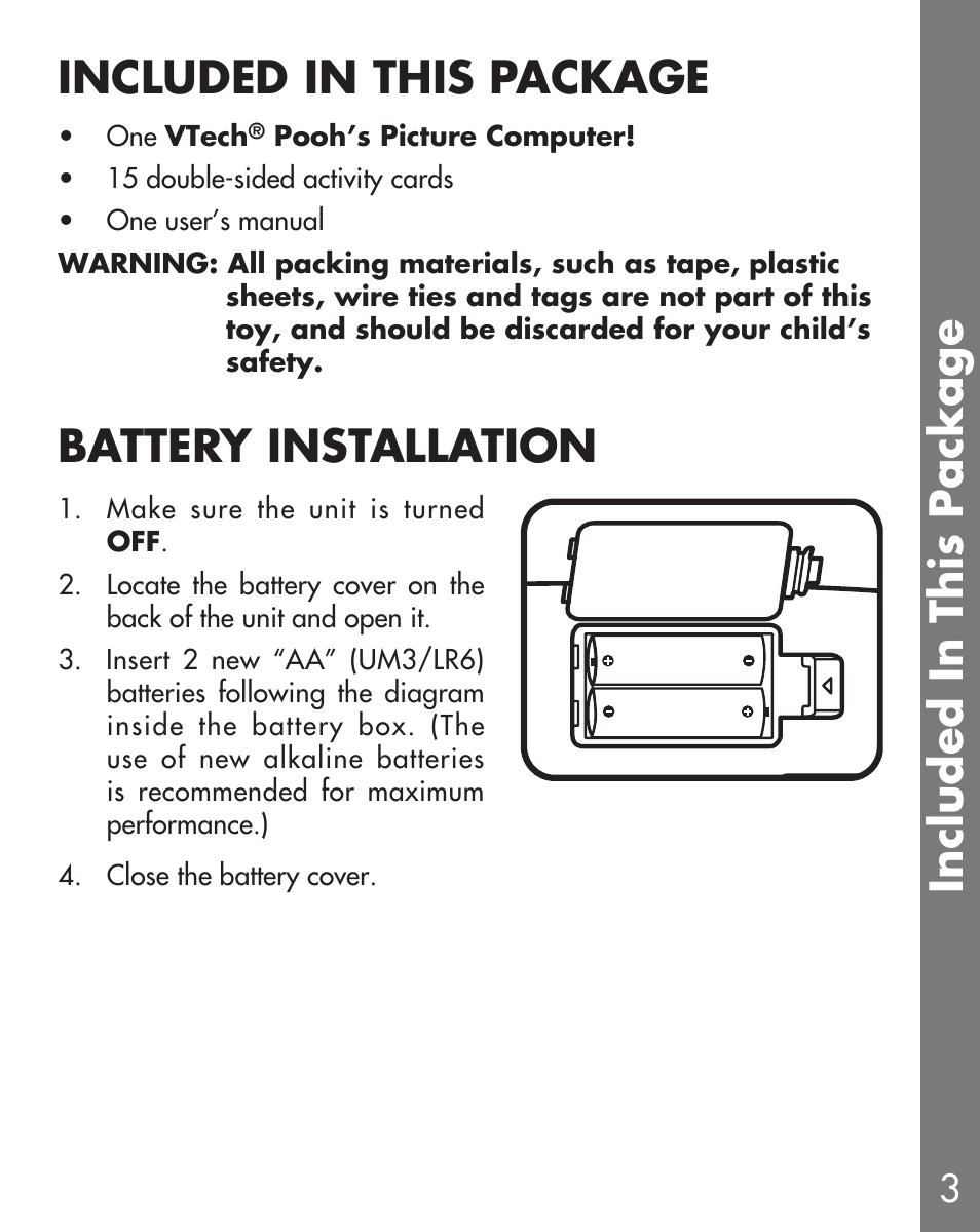 Included in this package, Battery installation | VTech Winnie the Pooh User Manual | Page 4 / 12