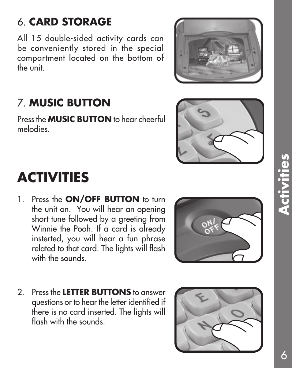 Activities, Card storage, Music button | VTech Winnie the Pooh User Manual | Page 7 / 12